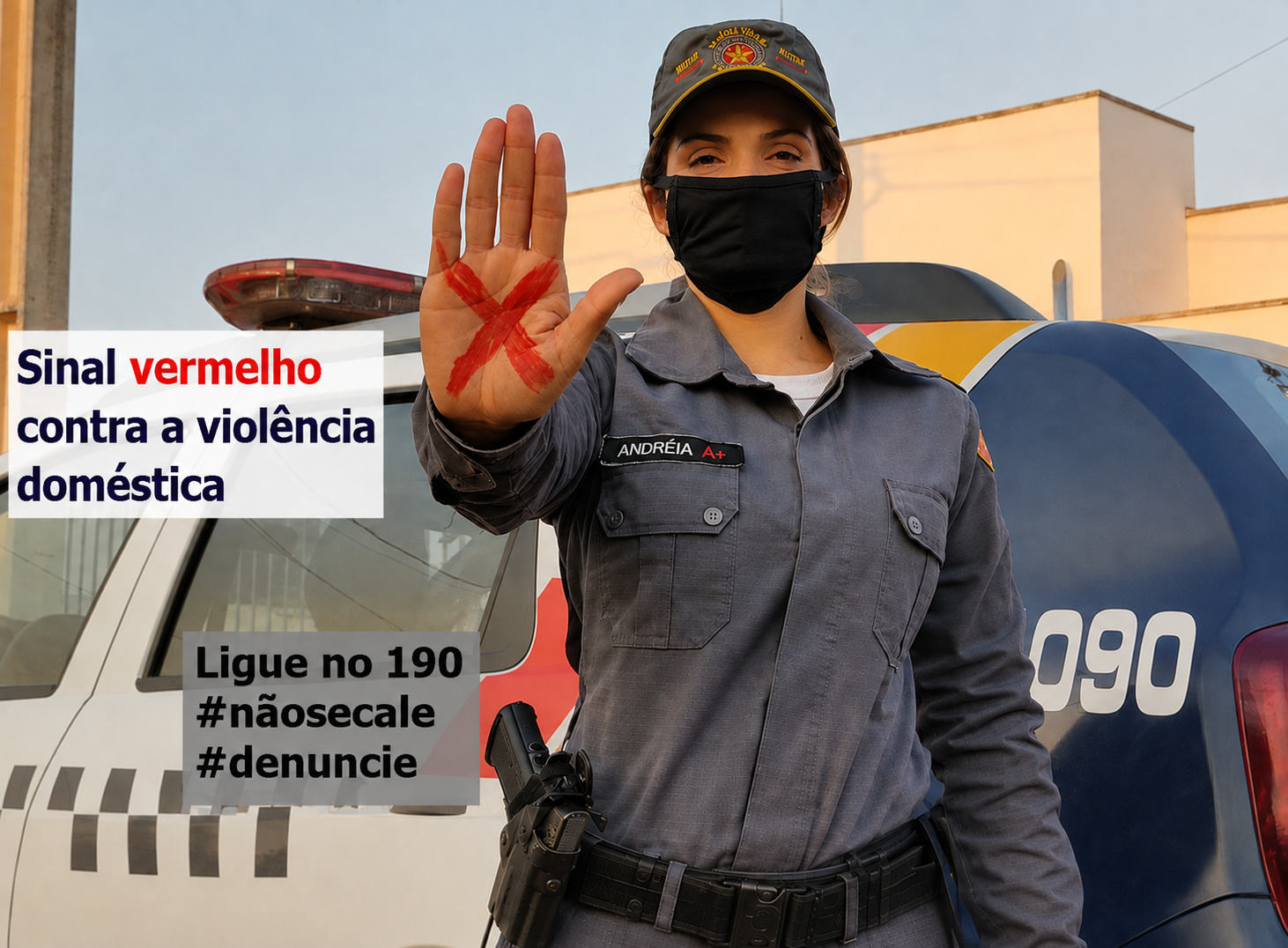 Cartaz da campanha "Sinal vermelho contra a violência doméstica" da Patrulha Maria da Penha